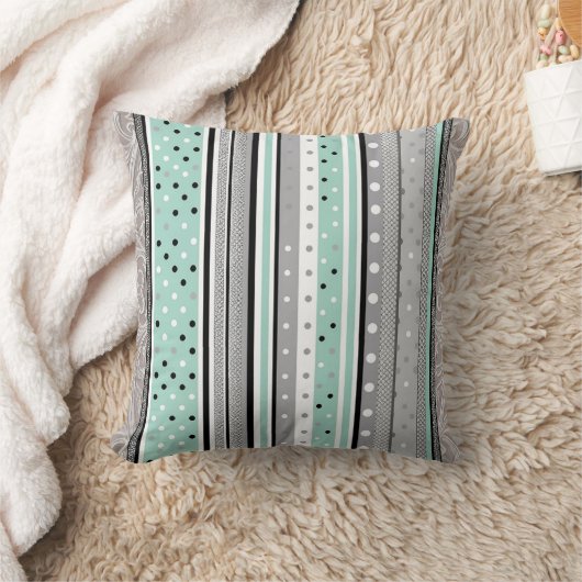 Mint Green Grey and White Striped Polka dot  クッション (ブランケット)