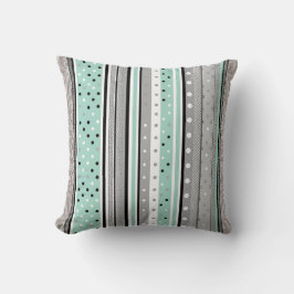 Mint Green Grey and White Striped Polka dot  クッション