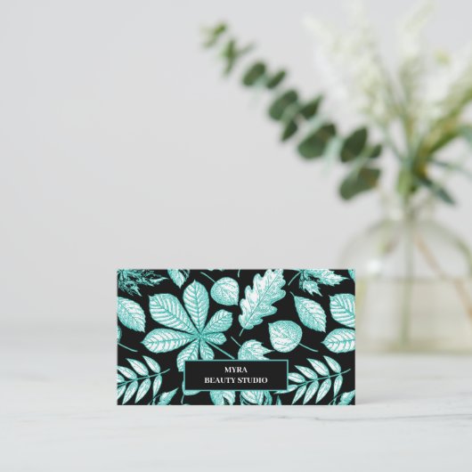 Mint Green Leafy Monogram Name Business Card 名刺 (スタンド正面)