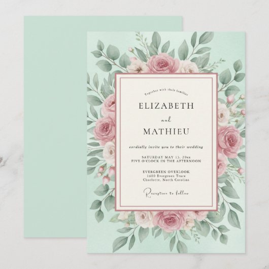 Mint Green Lush Spring Wedding 招待状 (正面/裏面)