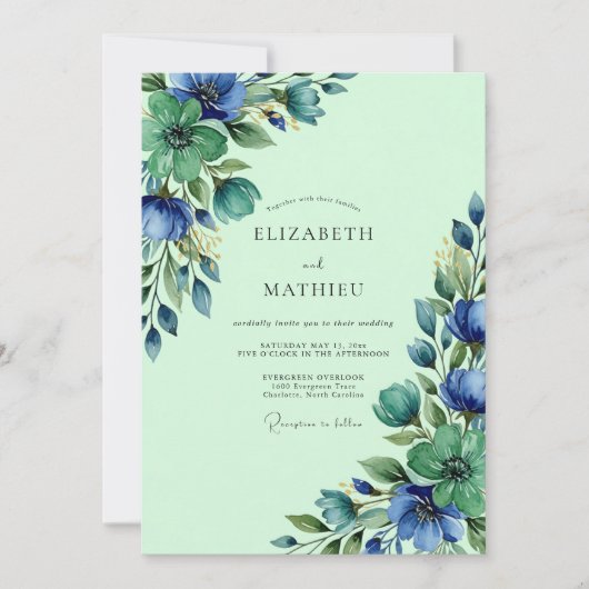 Mint Green Lush Watercolor Wedding 招待状 (正面)