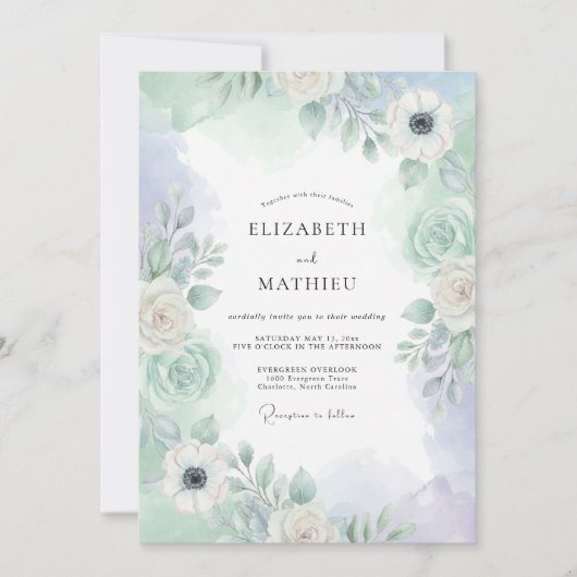 Mint Green Misty Botanical Wedding 招待状 (正面)