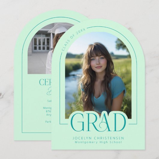 Mint Green Modern Minimal Grad Photo Announcement 招待状 (正面/裏面)
