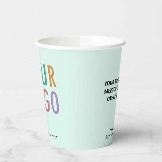 Mint Green Paper Cups Custom Business Logo 8 oz 紙コップ (左)