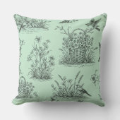 Mint Green Pastoral Toile with Birds and Blossoms クッション (正面)