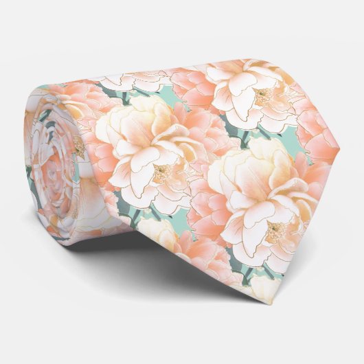 Mint Green Peony Floral Pattern Wedding Neck Tie ネクタイ (ロール)