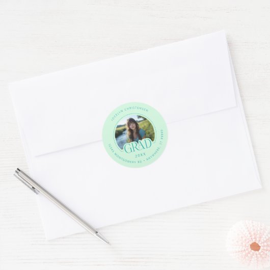 Mint Green Photo Address Graduate Envelope Seal ラウンドシール (封筒)