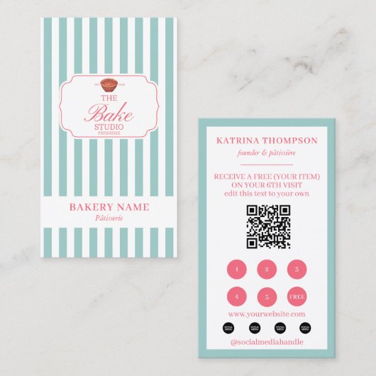 Mint Green Pink Stripes Bakery Logo Loyalty Punch 名刺 (正面/裏面)
