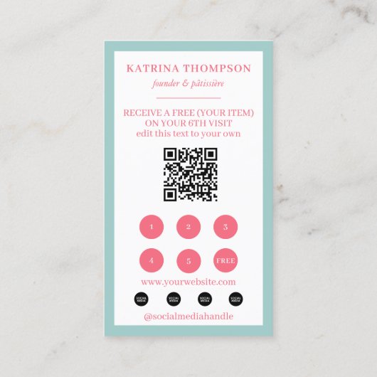 Mint Green Pink Stripes Bakery Logo Loyalty Punch 名刺 (裏面)