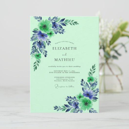 Mint Green Pristine Botanical Wedding 招待状 (スタンド正面)