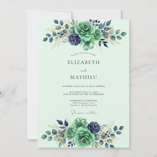 Mint Green Refined Watercolor Wedding 招待状 (正面)