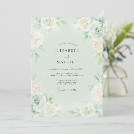 Mint Green Romantic Blossom Wedding 招待状 (スタンド正面)