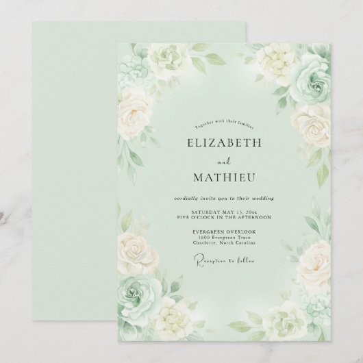 Mint Green Romantic Blossom Wedding 招待状 (正面/裏面)