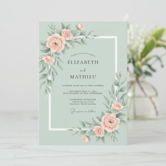 Mint Green Romantic Rose Wedding 招待状 (スタンド正面)