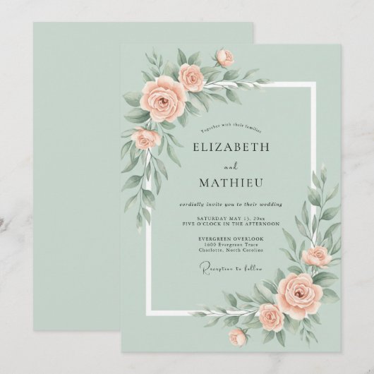 Mint Green Romantic Rose Wedding 招待状 (正面/裏面)