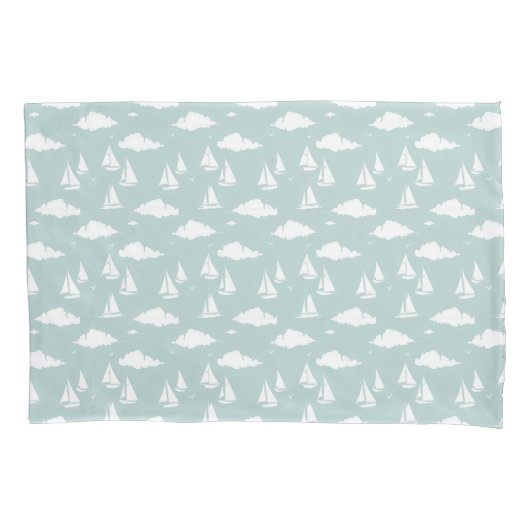 Mint Green Sailboat Pattern Pair of Pillowcases 枕カバー (正面左)