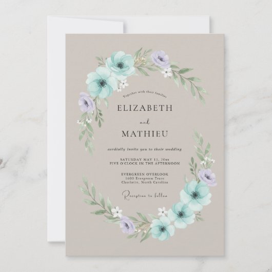 Mint Green Serene Floral Wedding 招待状 (正面)