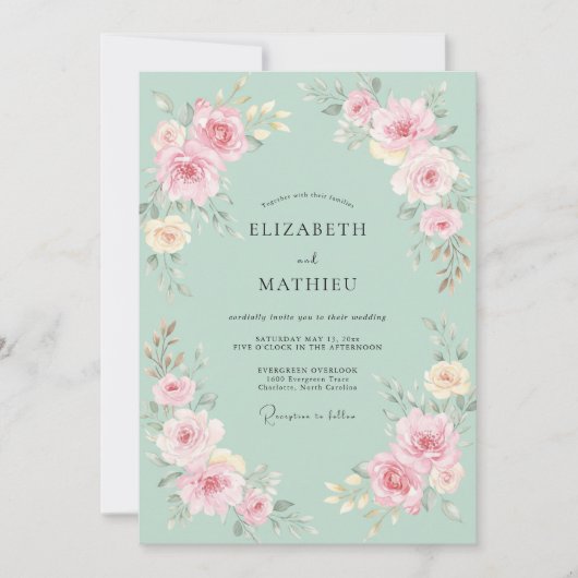 Mint Green Soft Floral Flourish Wedding 招待状 (正面)