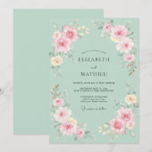Mint Green Soft Floral Flourish Wedding 招待状 (正面/裏面)