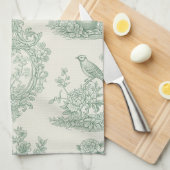 Mint Green Toile Floral and Bird Pattern キッチンタオル (四つ折り)