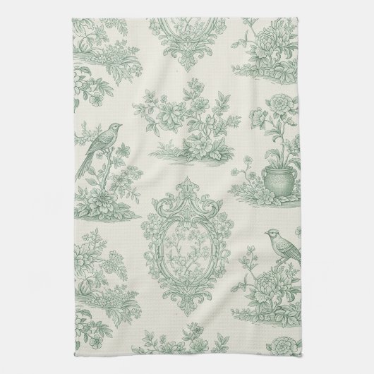 Mint Green Toile Floral and Bird Pattern キッチンタオル (縦)