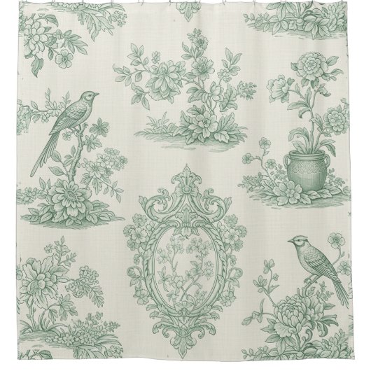 Mint Green Toile Floral and Bird Pattern シャワーカーテン (正面)
