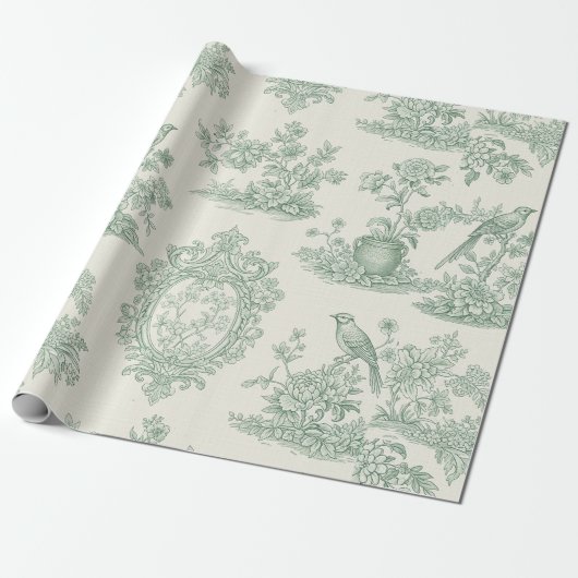 Mint Green Toile Floral and Bird Pattern ラッピングペーパー (アンロールド)