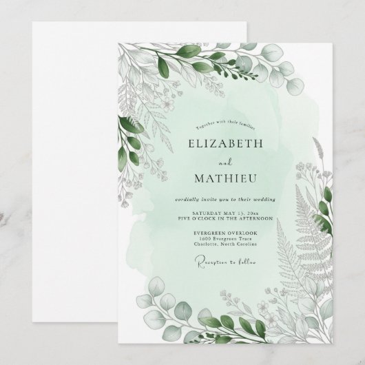Mint Green Tranquil Fern Wedding 招待状 (正面/裏面)