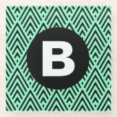 Mint Green Trendy Chevron Pattern Monogram ガラスコースター (正面)