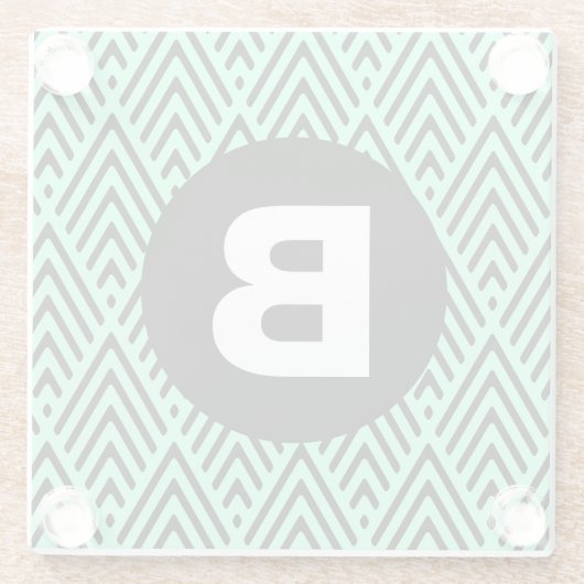 Mint Green Trendy Chevron Pattern Monogram ガラスコースター (裏面)