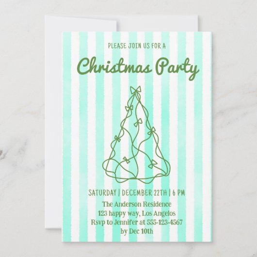 Mint Green Watercolor Stripe Christmas Party       招待状 (正面)