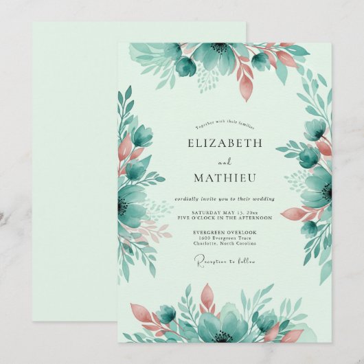 Mint Green Whimsical Spring Wedding 招待状 (正面/裏面)
