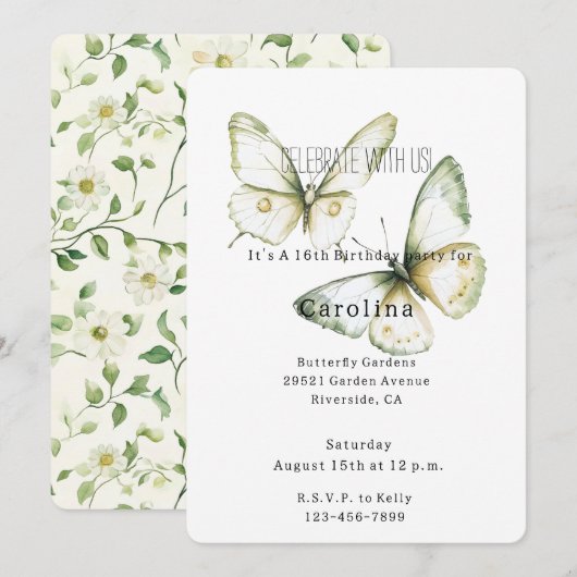 Mint Green White Butterflies Birthday 招待状 (正面/裏面)