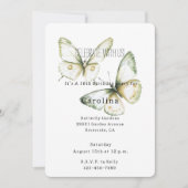 Mint Green White Butterflies Birthday 招待状 (正面)