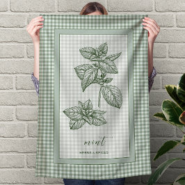 Mint Herb Kitchen Towel – Green Gingham Border キッチンタオル