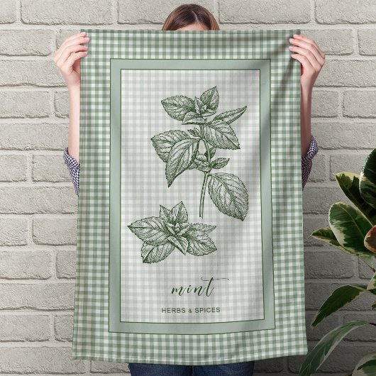 Mint Herb Kitchen Towel – Green Gingham Border キッチンタオル