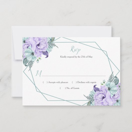Mint Lavender Watercolor Peonies Geometric RSVP (正面)