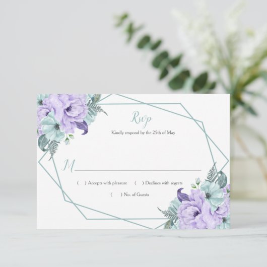 Mint Lavender Watercolor Peonies Geometric RSVP (スタンド正面)