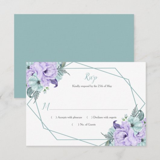 Mint Lavender Watercolor Peonies Geometric RSVP (正面/裏面)