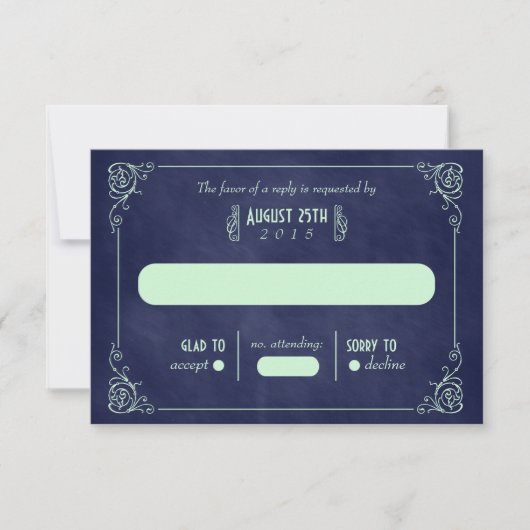 Mint & Navy Blue ChalkboardアールデコRSVPカード 出欠カード (正面)