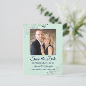 Mint & Navy Frilly Wedding Save the Date Photo 案内ポストカード (スタンド正面)