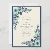 Mint Navy Tranquil Botanical Wedding 招待状 (正面)