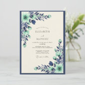 Mint Navy Tranquil Botanical Wedding 招待状 (スタンド正面)