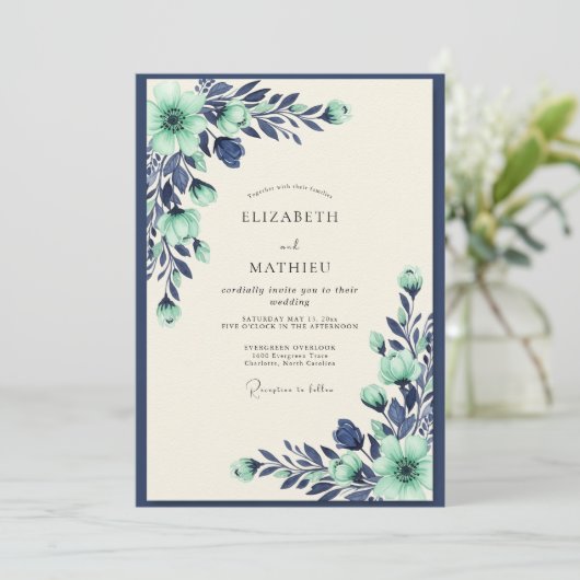 Mint Navy Tranquil Botanical Wedding 招待状 (スタンド正面)