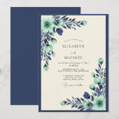 Mint Navy Tranquil Botanical Wedding 招待状 (正面/裏面)