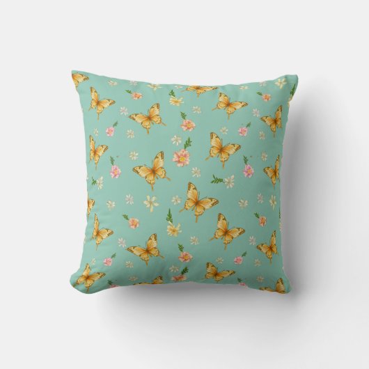 Mint Orange Floral Throw Pillow クッション (正面)