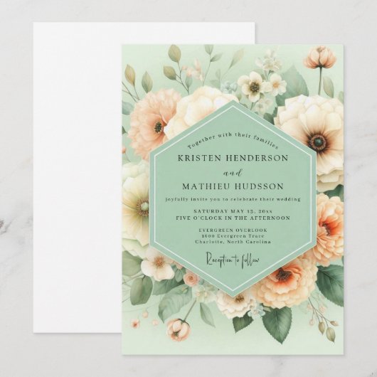 Mint Peach Blossom Elegance Wedding 招待状 (正面/裏面)