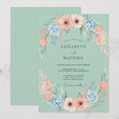 Mint Peach Blossom Garland Wedding 招待状 (正面/裏面)