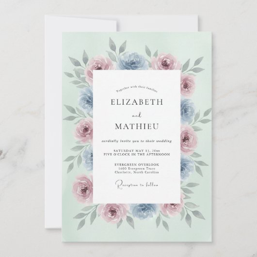 Mint Pink Blue Floral Romance Wedding 招待状 (正面)