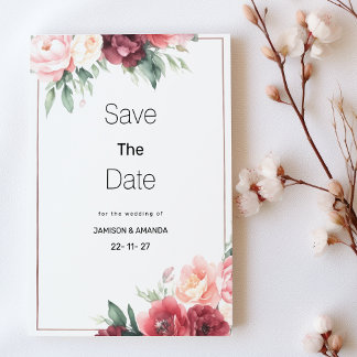 Mint pink burgundy watercolor floral Save The Date 招待状